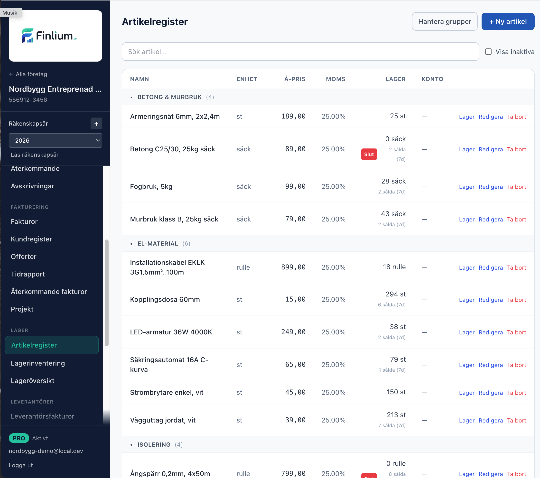 Finlium Lager — artikelregister med grupper och lagersaldo