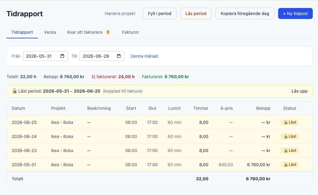 Finlium tidrapport — loggvy med tidposter per projekt